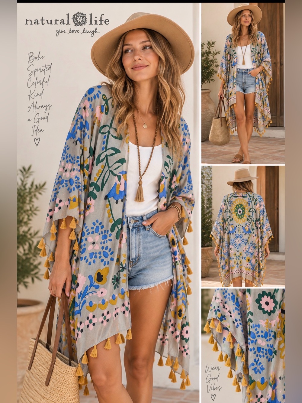 Natural Life Floral Kimono One Size Boho Tassel Duster Ruana